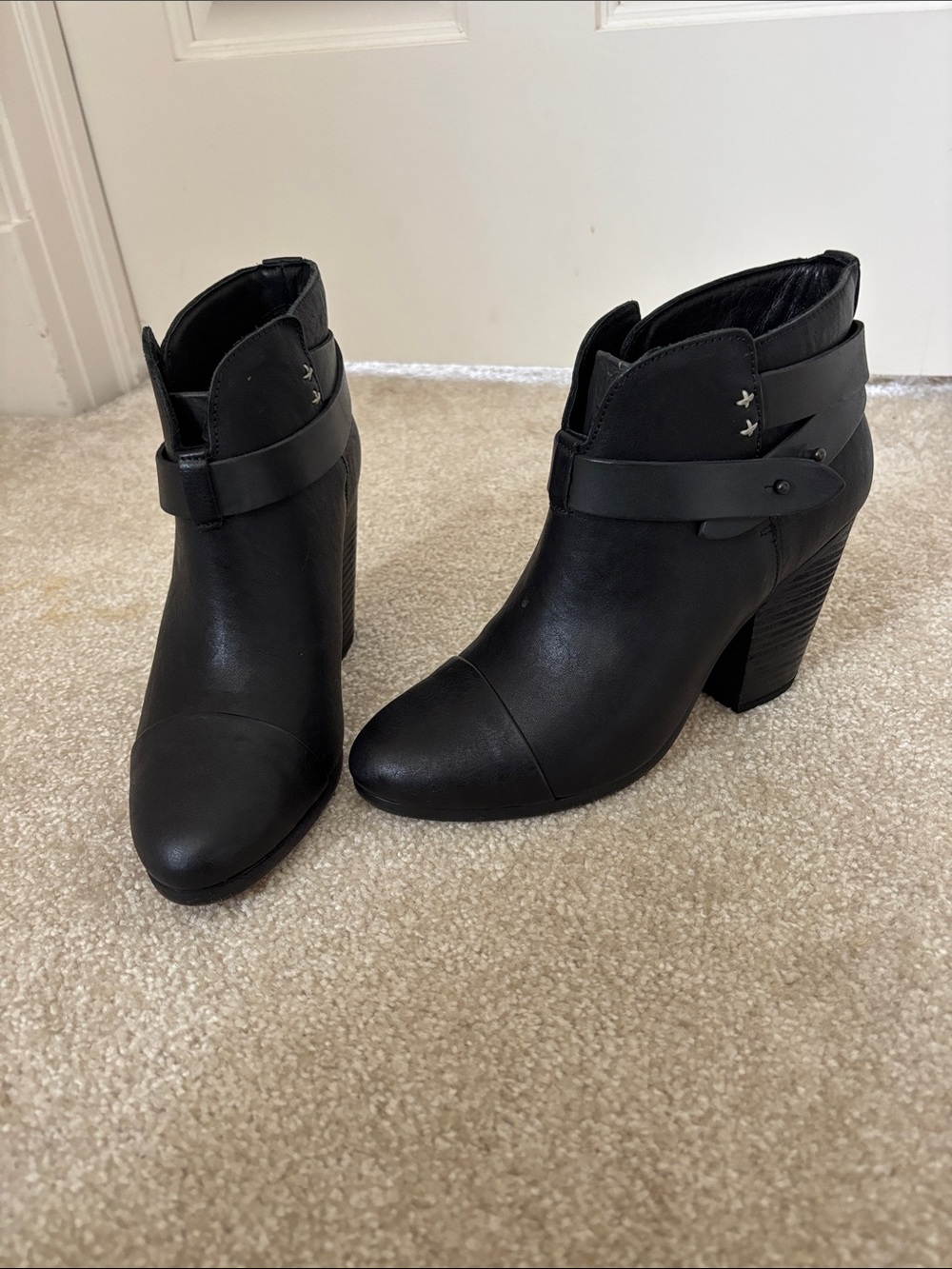 rag & bone Black Leather Ankle Booties with Stacked Heel